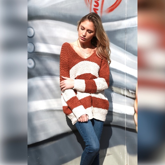 Soft Sherpa V Neck Stripe Oversize Sweater - Picture 4 of 5